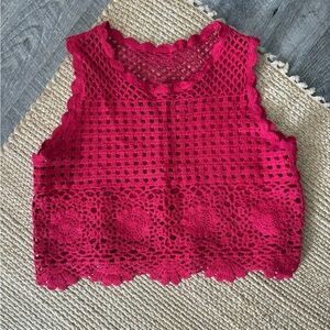 Crochet Vintage Sleeveless Crop Top - Fuchsia Pink/ Red